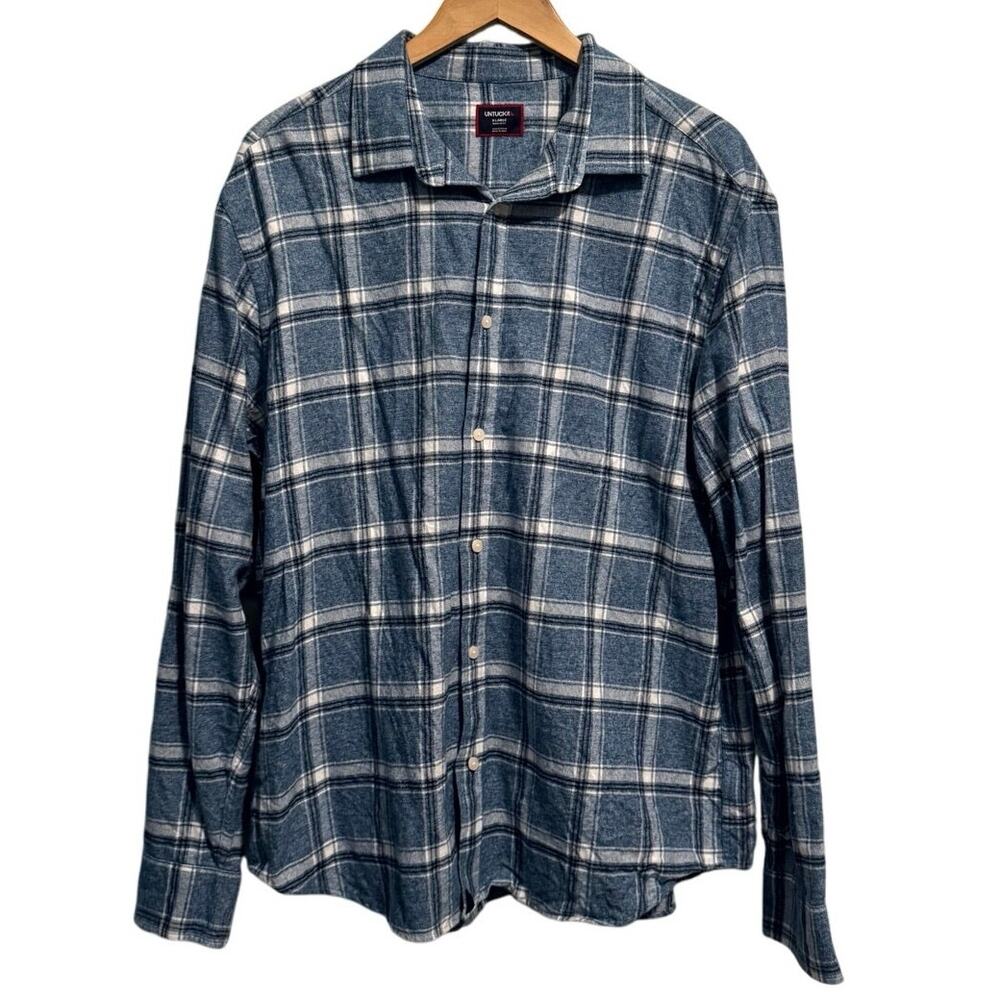 Untuckit Mens Blue Cotton Plaid Long Sleeve Regular Fit Button Down Shirts Sz XL